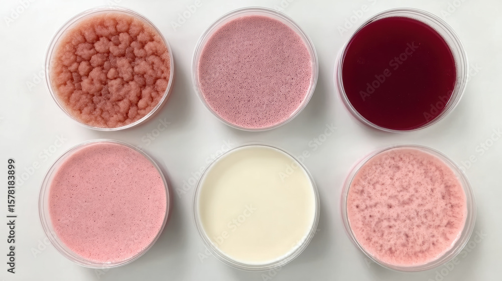 Six petri dishes containing various pink and red bacterial or fungal cultures, arranged in two rows on a white surface. Six petri dishes containing various pink and red bacterial or fungal cultures, arranged in two rows on a white surface.