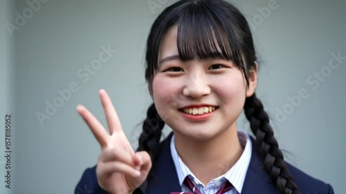 Teenage girl in school uniform smiling and making a peace sign