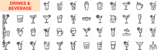 Drinks and Beverage Icon Design Featuring Cocktail, Martini, Wineglass, Beer Mug, Juice, Smoothie, Champagne, Tropical Drink, Soda Cup, Shots, Whiskey Glass, Straw Cup, and Refreshment Icons