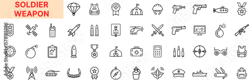 Soldier Weapon Icon Design Featuring Gun, Knife, Bomb, Tank, Missile, Helmet, Grenade, Rifle, Bullet, Radio, Warship, Compass, Vest, Medal, Target, Submarine, Drone, Satellite, and Walkie-Talkie Icons