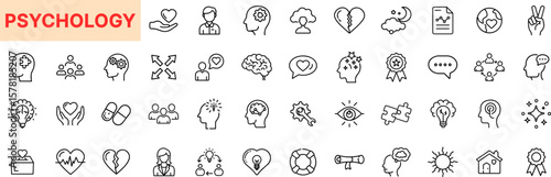 Psychology Mental Health Awareness Icon Design Featuring Brain, Heart, Therapy, Emotions, Cognitive Function, Support, Mood, Relationships, Wellness, and Communication Symbols