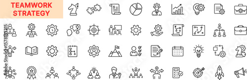 Teamwork Strategy Collaboration Icon Design Featuring Gear, Puzzle, Planning, Chess, Organization, Partnership, Brainstorm, Idea, Diagram, Leadership, and Productivity Elements