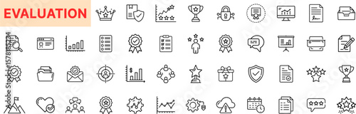 Evaluation and Rating Review Line Icon Design Featuring Trophy, Performance, Checklist, Survey, Feedback, Certificate, Badge, Rank, Rating Stars, and Graph Elements