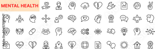 Mental Health and Psychological Wellness Line Icon Design Featuring Brain, Therapy, Stress, Emotion, Support, Medication, Self-Care, Sadness, Recovery, Awareness, and Mindfulness Elements
