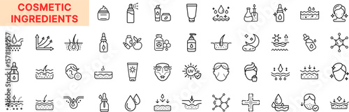 Cosmetic Ingredients and Skincare Line Icon Design Featuring Cream, Lotion, Serum, Dropper, Skin Layer, Molecule, Aloe, Vitamin, Hydration, UV Protection, and Dermatology Elements