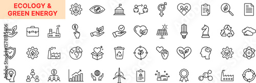 Ecology and Green Energy Line Icon Design with Renewable Power, Recycling, Wind Turbine, Leaf, Planet, Solar Panel, Tree, Heart, Factory, Light Bulb, Chart, and Environmental Care