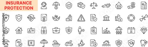 Insurance Protection Line Icon Design with Health, Life, Car, Travel, Home, Risk, Security, Shield, Umbrella, Liability, Policy, and Claim Coverage Elements