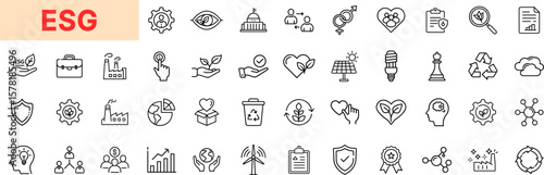 ESG Environment Social Governance Line Icon Design with Renewable Energy, Ethics, Diversity, Equality, Compliance, Responsibility, Sustainability, and Business Integrity Elements