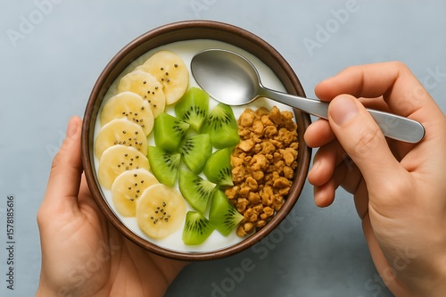 Sữa chua chuối, kiwi-A bowl filled with creamy white yogurt, beautifully topped with sliced bananas sprinkled with chia seeds, fresh green kiwi chunks, and a generous serving of golden crunchy granola