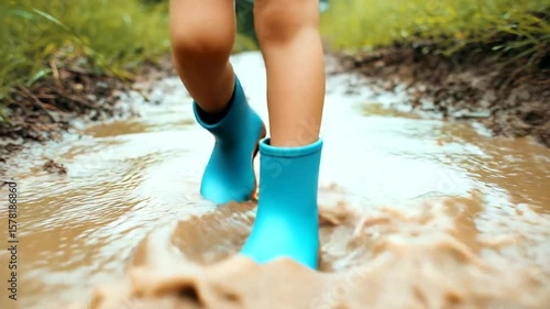 Child's legs in blue waterproof boots splashing through a muddy puddle.