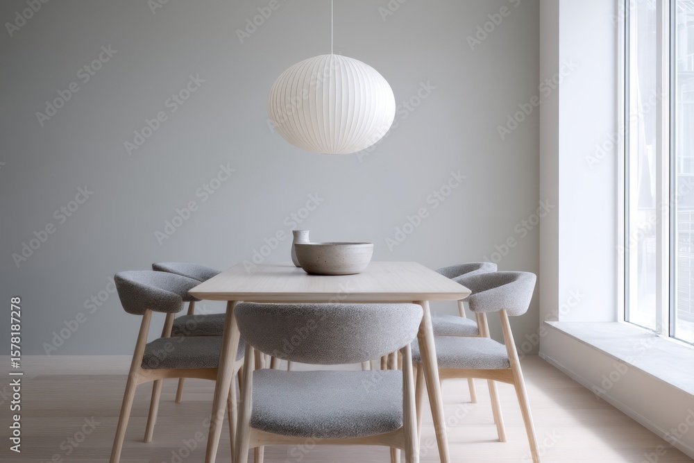 Obraz premium Scandinavian minimal dining with white ash table and gray wool chairs ash and dove palette diffuse morning daylight