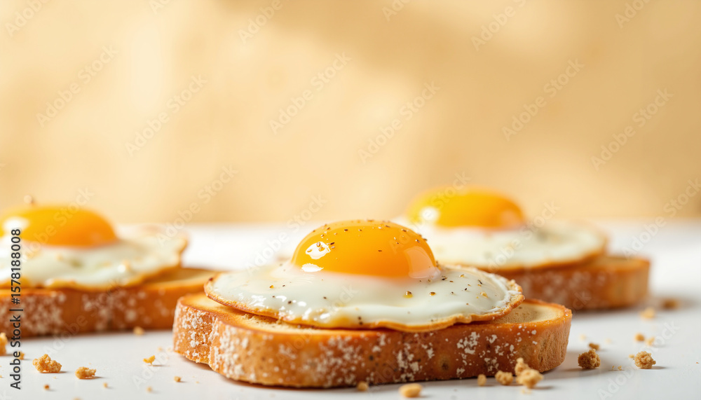 Toast with fried eggs on wooden table with beige background Toast with fried eggs on wooden table with beige background