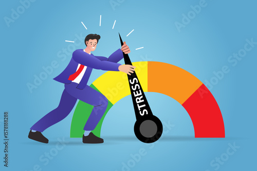 Businessman pushing a stress meter, trying to manage pressure and avoid burnout. Concept of workload and mental health at work.