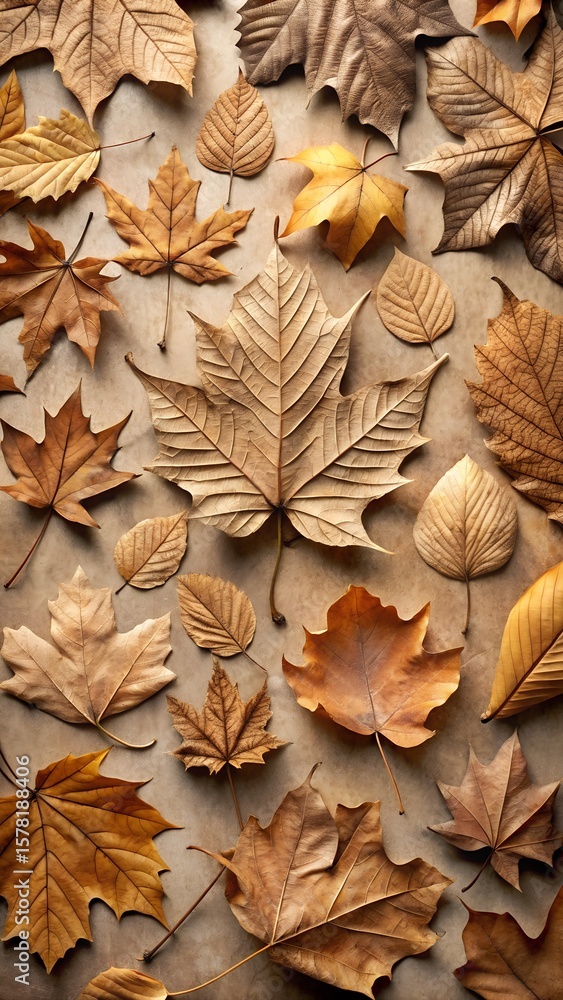 Fototapeta premium Overhead view of assorted dried autumn leaves scattered on a textured surface