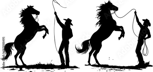 Wild West Cowboy and Rearing Horse Silhouette Vector Set - Rodeo & Ranch Life