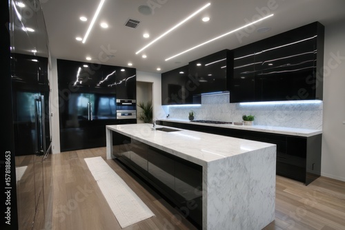 Wallpaper Mural Sleek sci-fi inspired kitchen with glossy black cabinetry neon-accented white marble counters overhead LED strips casting diffused glow Torontodigital.ca