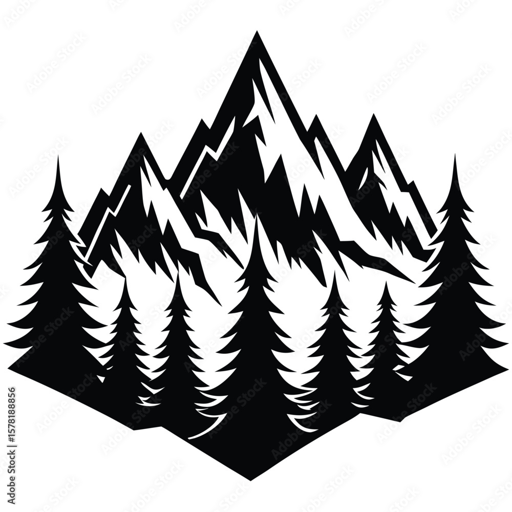 Obraz premium Majestic mountain range with jagged peaks and pine trees in a striking black and white silhouette style
