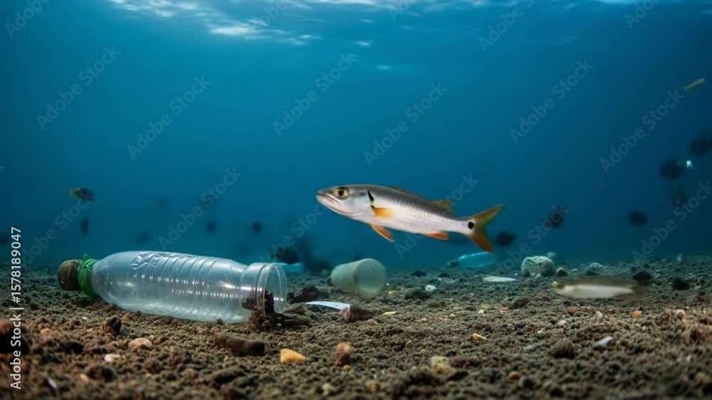 custom made wallpaper toronto digitalFish swims over plastic pollution on ocean floor.
