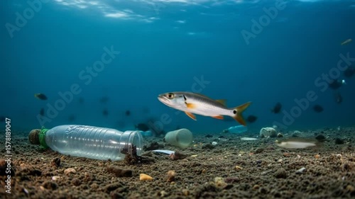 Wallpaper Mural Fish swims over plastic pollution on ocean floor. Torontodigital.ca