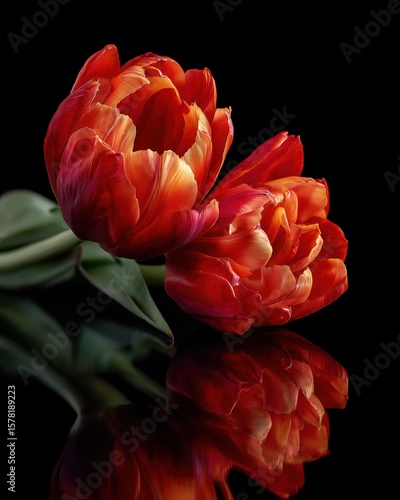 Double Tulip Bloom on Glossy Black Lacquer Surface with Sharp Reflection and Overhead Spotlight, Elegant Luxury Floral Composition for Product or Editorial Use