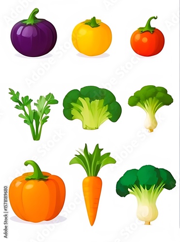 Colorful Vector Icon set of Organic Vegetables including tomato, broccoli, carrot, pumpkin, eggplant.

