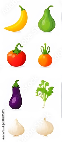 Fresh set of isolated healthy vegetables: tomato, pepper, onion, carrot, cucumber, eggplant, cabbage, pumpkin, and garlic on white
