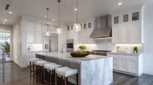Timeless kitchen with white shaker cabinets and rich grey marble counters glowing pendant lights above island in corners