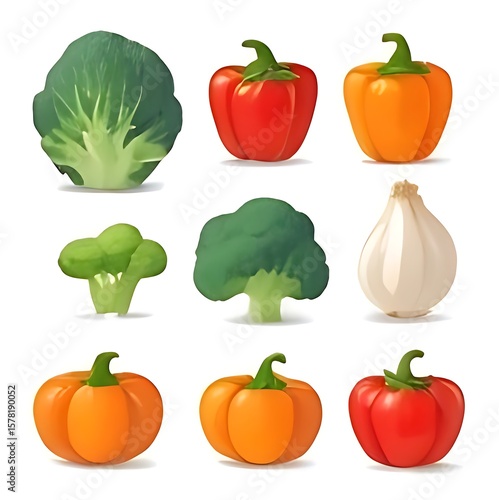 A vibrant collection of fresh, healthy vegetables icon pack including pepper, tomato, onion, carrot, and cucumber, isolated on white