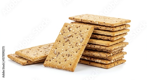 Stack of Multigrain Crackers with Seeds on White Background