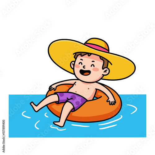 Cartoon child smiling while floating in blue water on orange inflatable ring, wearing purple swim trunks and yellow sun hat.