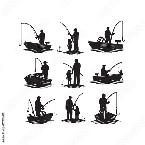 "Set of Fishing Silhouettes – Men and Children Fishing from Boat and Shore"