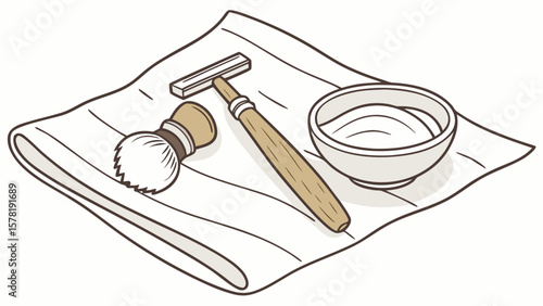 Shaving kit illustration with razor brush bowl and towel for men grooming and personal care routine 100