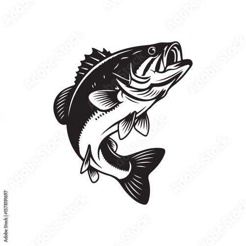 "Fishing Logo Design with Fish and Rod in Circular Badge Style – Black and White Vector Illustration"
