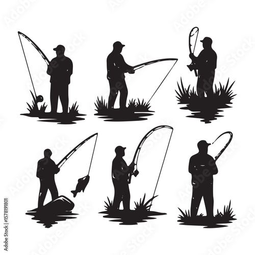 "Silhouette of Fishermen with Fishing Rods – Vector Illustration for Outdoor and Fishing Concepts"