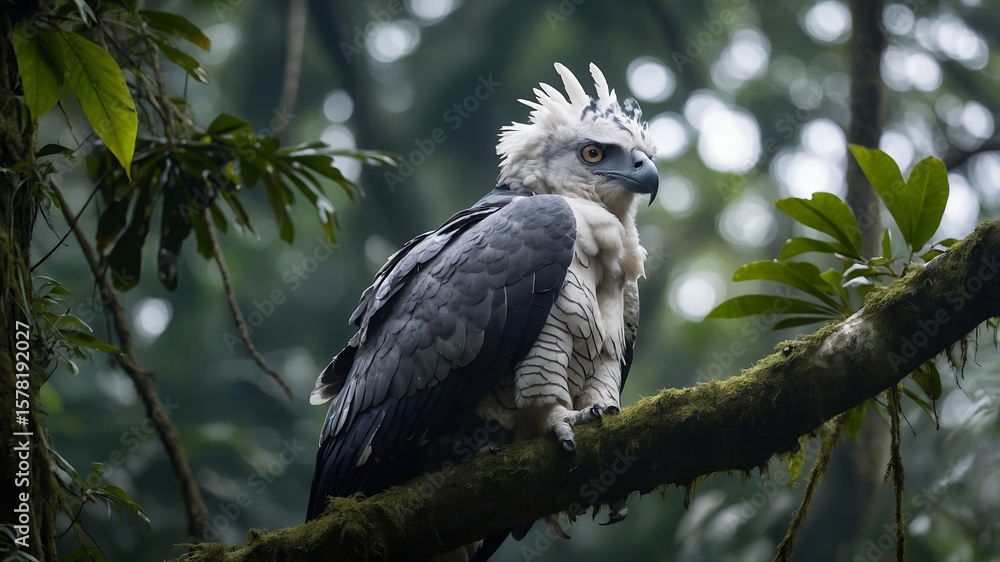Fototapeta premium Harpy eagle perched on branch in rainforest nature wildlife photography bird of prey tropical forest south america