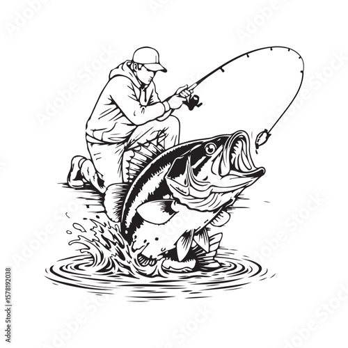 Fisherman Catching Big Fish Vector Illustration