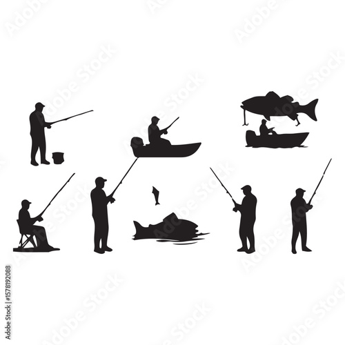 "Set of Fishing Silhouettes – Men and Children Fishing from Boat and Shore"