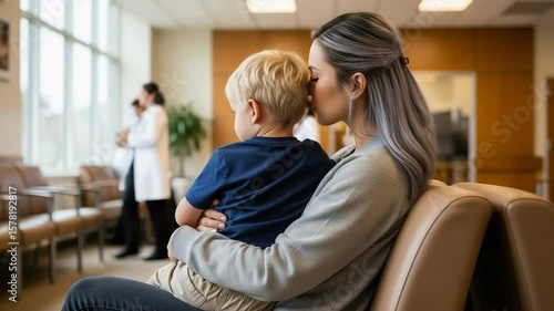 Anxious Mother Comforting Her Young Son in a Hospital Waiting Room
