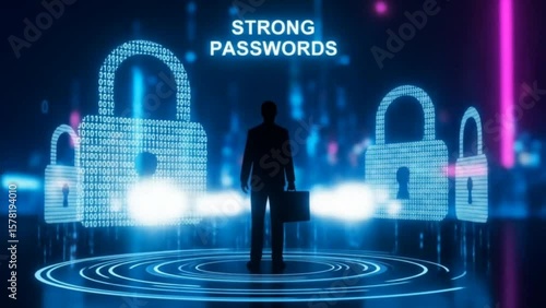 Silhouette of businessman standing among glowing digital padlocks with text strong passwords symbolizing data protection and secure identity access. Security concept

