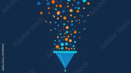 flat design innovation funnel with ideas pouring in blue and orange on funnel .