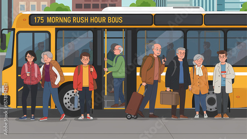 Morning Rush Hour on City Bus – Diverse Characters Boarding and Standing - Scene 2
