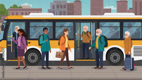 Morning Rush Hour on City Bus – Diverse Characters Boarding and Standing - Scene 1