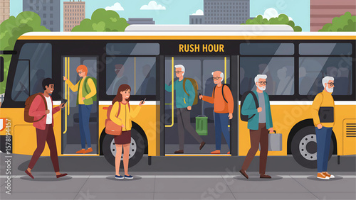 Morning Rush Hour on City Bus – Diverse Characters Boarding and Standing - Scene 4