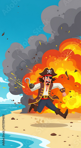 Cartoon pirate fleeing from a large explosion on a sandy beach with ocean and sky backdrop.