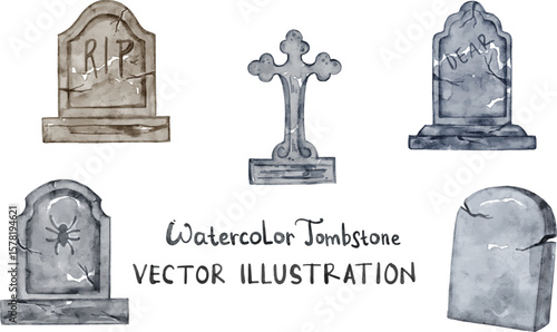 Ancient Gravestone collection in watercolor style. Vector element suitable for Halloween theme project, cards, DIY, and banner.