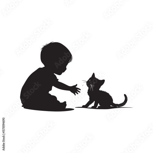 Vector illustration of a child playing with a cat, showing joyful and affectionate expressions isolated on a white background