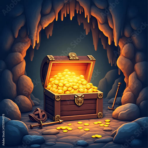 An open wooden treasure chest overflowing with gold coins, illuminated within a dark, rocky cave setting.