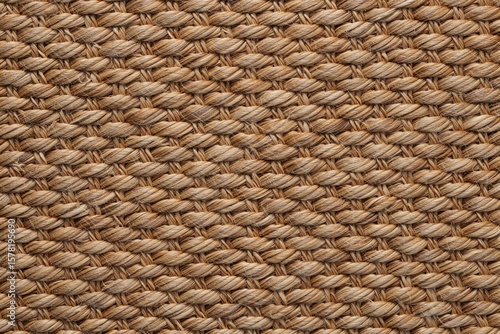 Close up view of a tightly woven natural fiber rug with a repeating pattern