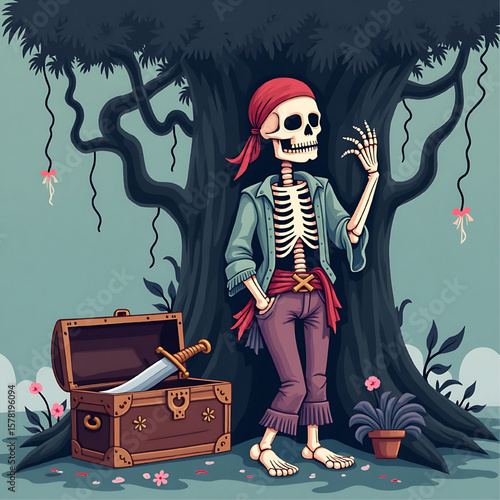 A jovial pirate skeleton stands near a treasure chest under a large, ancient tree.