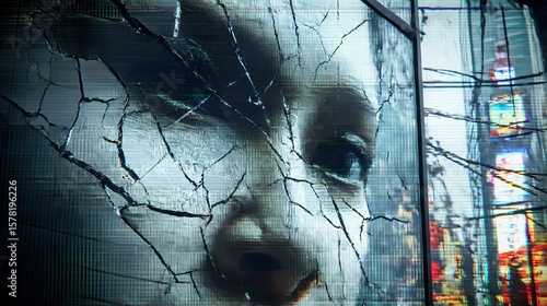 fractured mirror reflecting distorted face scans on glitches cyberpunk city